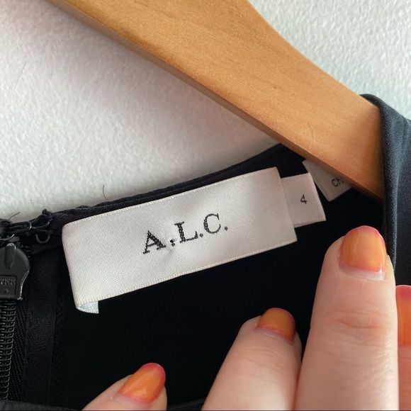 ALC black white abstract stripe silk long sleeve crewneck mini shift dress - Picture 3 of 6